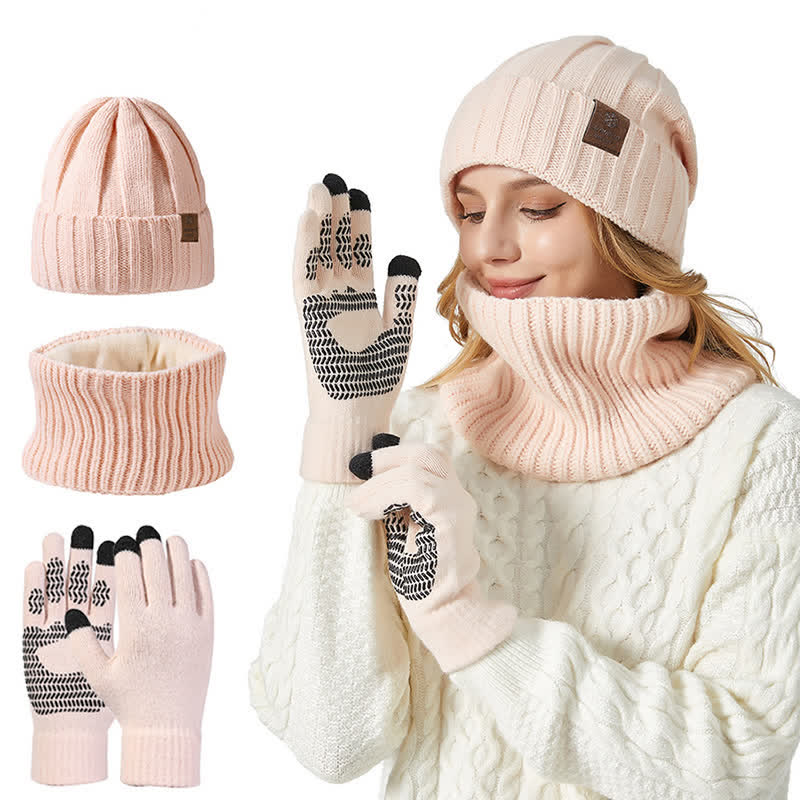 Ensemble de 3 gants unisexes de couleur unie avec bonnet et cache-cou
