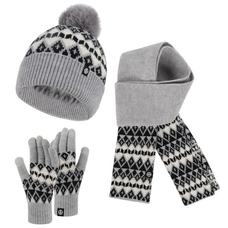 Ensemble de 3 gants, écharpe et bonnet tricotés à motif diamant unisexe et confortable