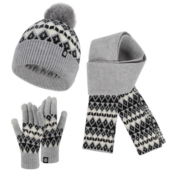 Ensemble de 3 gants, écharpe et bonnet tricotés à motif diamant unisexe et confortable