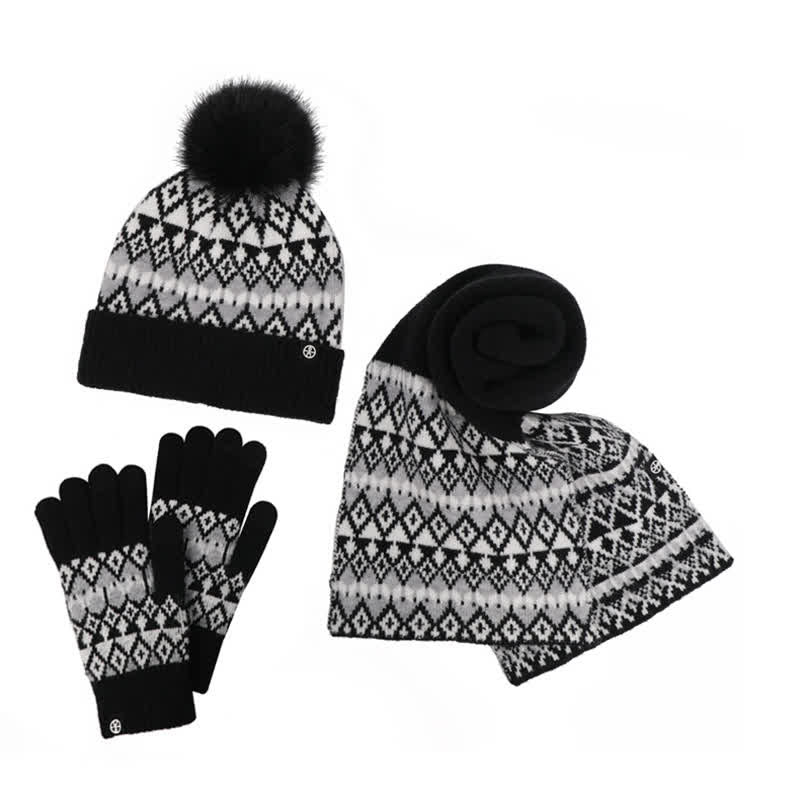 Ensemble de 3 gants, écharpe et bonnet tricotés à motif diamant unisexe et confortable