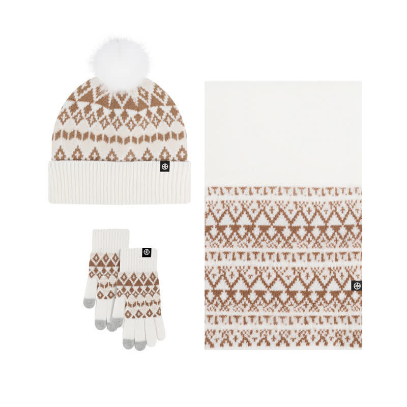 Ensemble de 3 gants, écharpe et bonnet tricotés à motif diamant unisexe et confortable