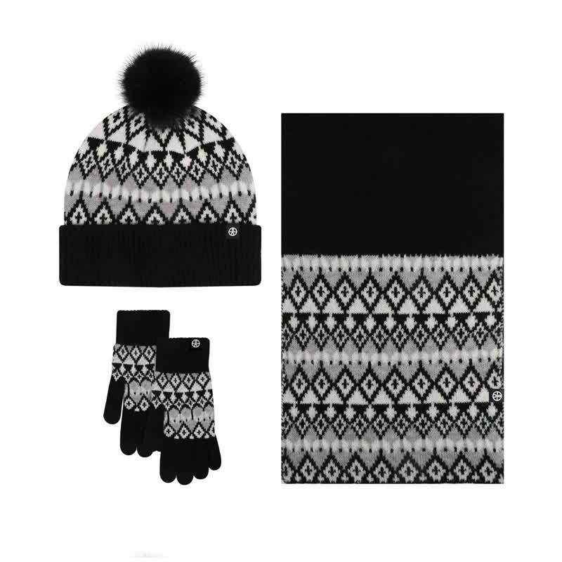 Ensemble de 3 gants, écharpe et bonnet tricotés à motif diamant unisexe et confortable