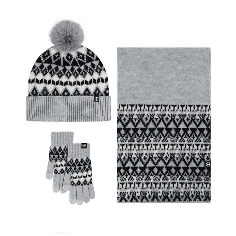 Ensemble de 3 gants, écharpe et bonnet tricotés à motif diamant unisexe et confortable