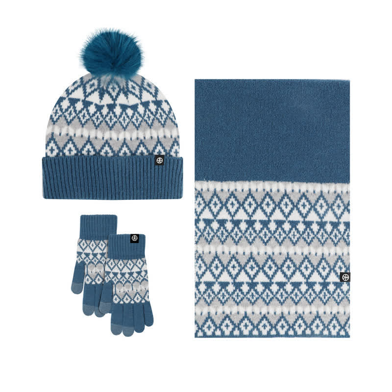 Ensemble de 3 gants, écharpe et bonnet tricotés à motif diamant unisexe et confortable