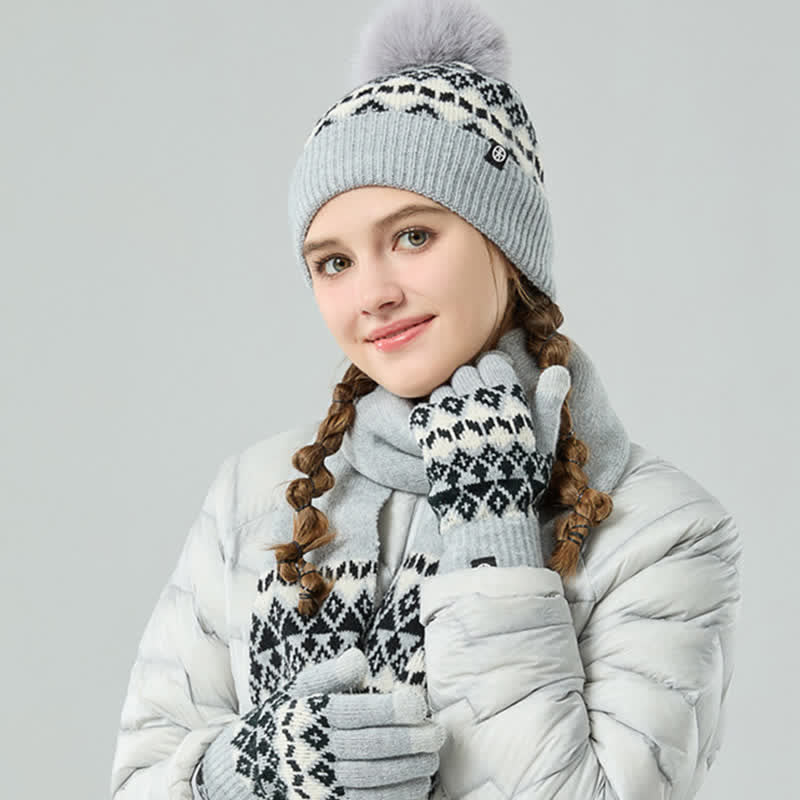 Ensemble de 3 gants, écharpe et bonnet tricotés à motif diamant unisexe et confortable