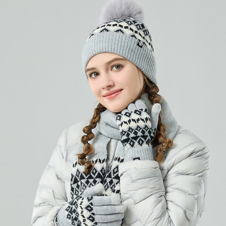 Ensemble de 3 gants, écharpe et bonnet tricotés à motif diamant unisexe et confortable