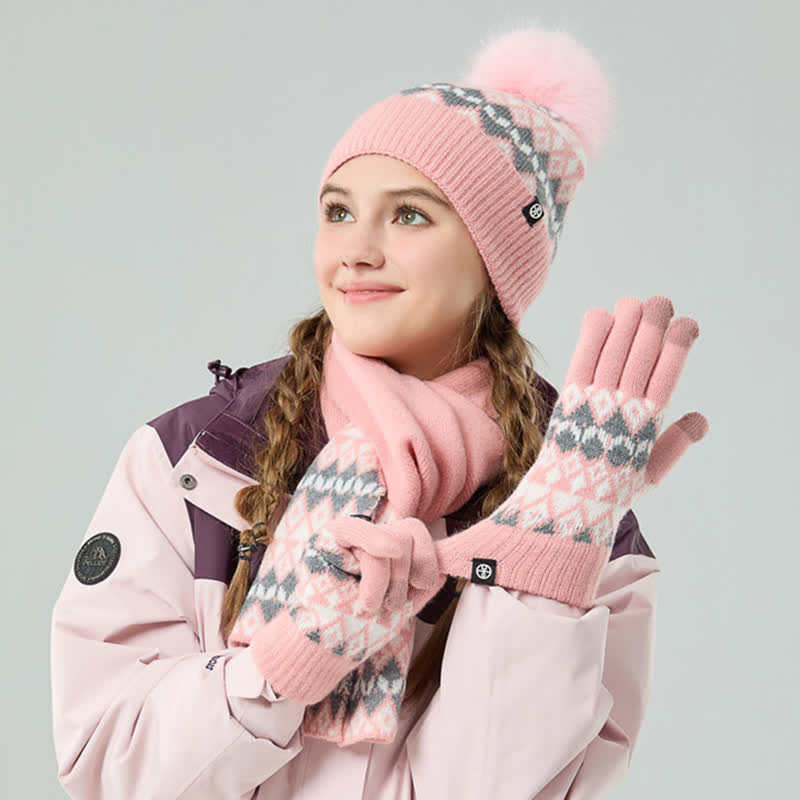 Ensemble de 3 gants, écharpe et bonnet tricotés à motif diamant unisexe et confortable
