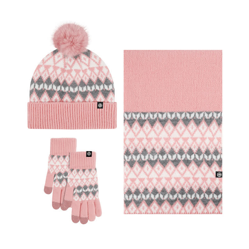 Ensemble de 3 gants, écharpe et bonnet tricotés à motif diamant unisexe et confortable