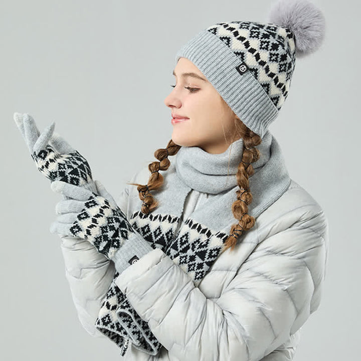 Ensemble de 3 gants, écharpe et bonnet tricotés à motif diamant unisexe et confortable