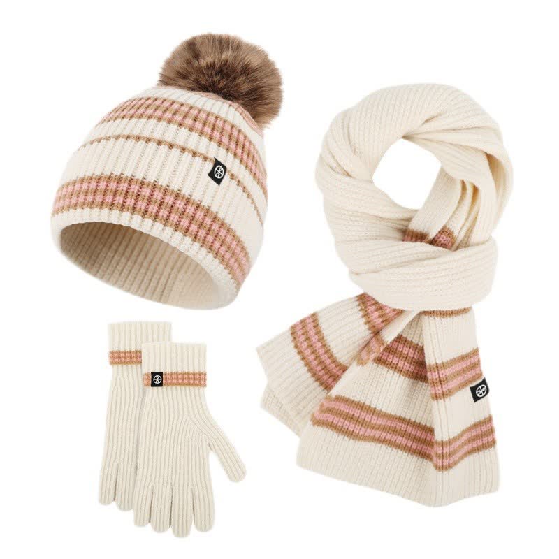 Ensemble de 3 pièces unisexe à rayures avec bonnet, écharpe et gants en fourrure tricotée