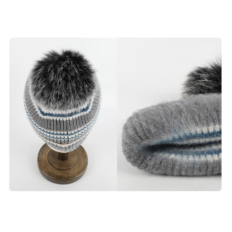 Ensemble de 3 pièces unisexe à rayures avec bonnet, écharpe et gants en fourrure tricotée