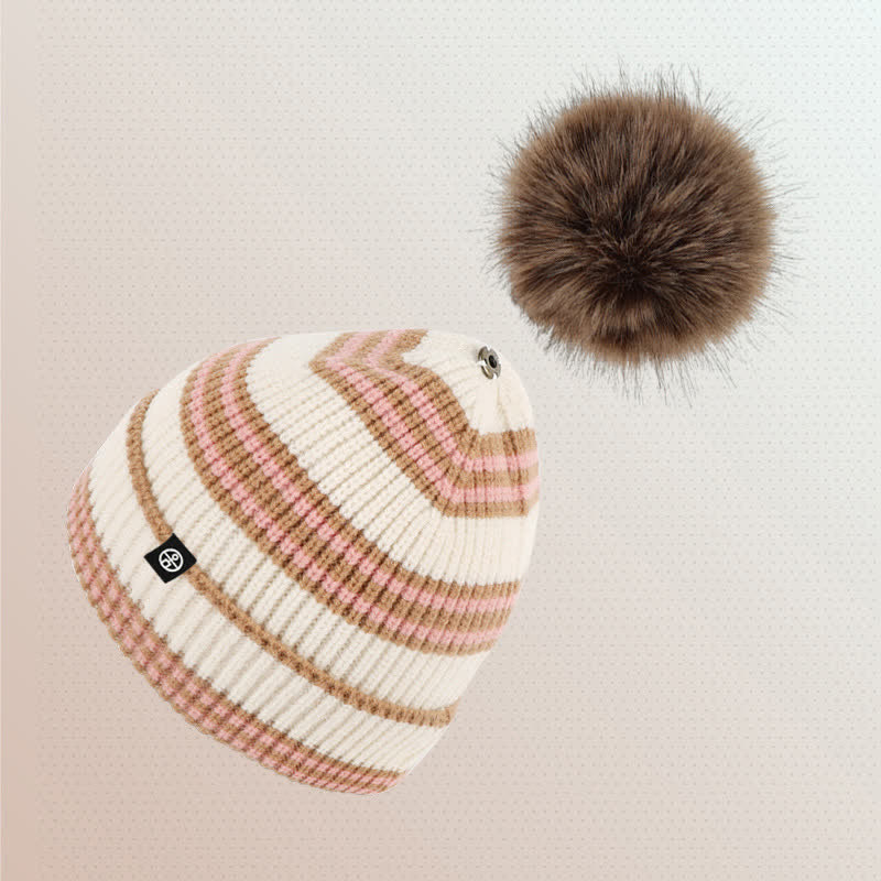 Ensemble de 3 pièces unisexe à rayures avec bonnet, écharpe et gants en fourrure tricotée