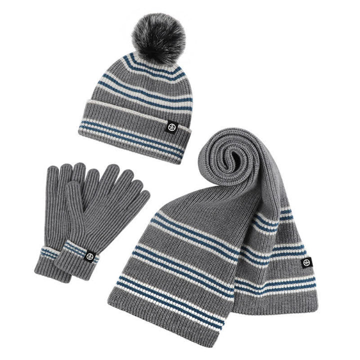 Ensemble de 3 pièces unisexe à rayures avec bonnet, écharpe et gants en fourrure tricotée
