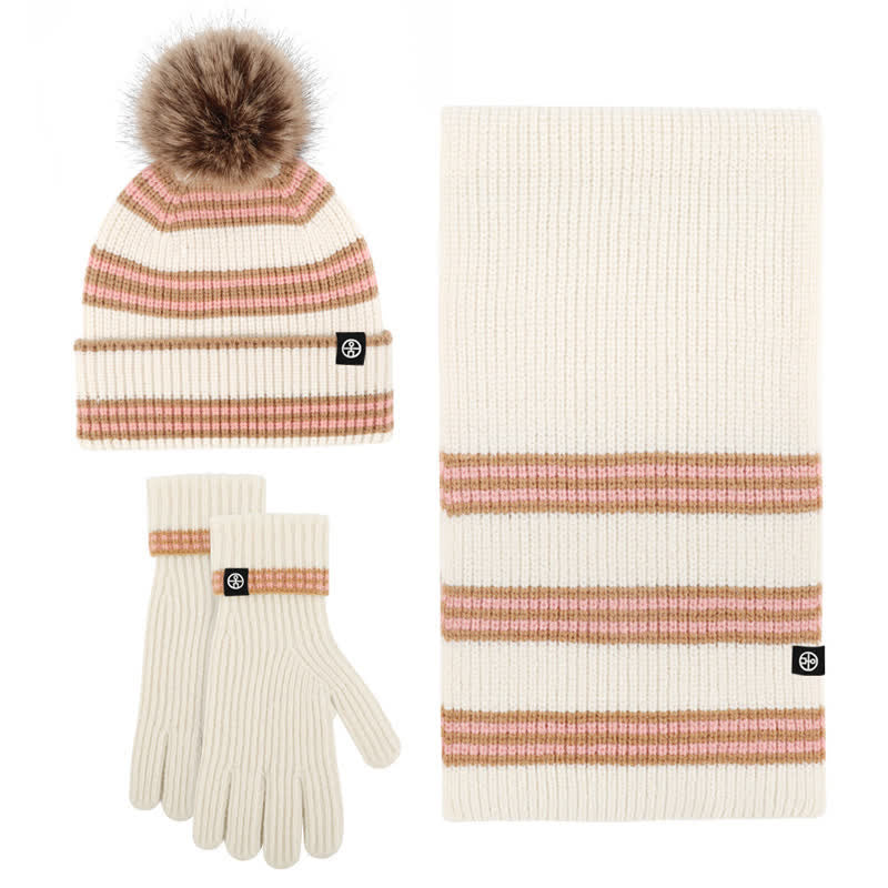 Ensemble de 3 pièces unisexe à rayures avec bonnet, écharpe et gants en fourrure tricotée