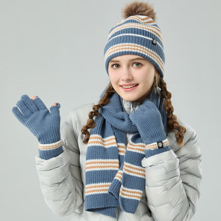 Ensemble de 3 pièces unisexe à rayures avec bonnet, écharpe et gants en fourrure tricotée