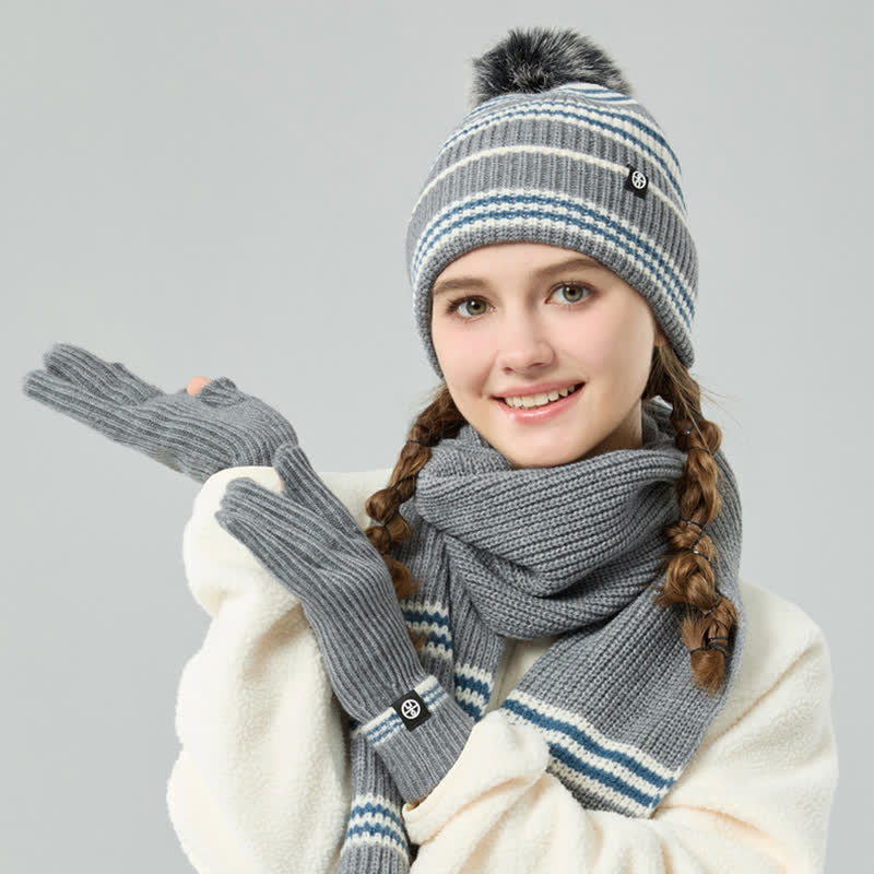 Ensemble de 3 pièces unisexe à rayures avec bonnet, écharpe et gants en fourrure tricotée