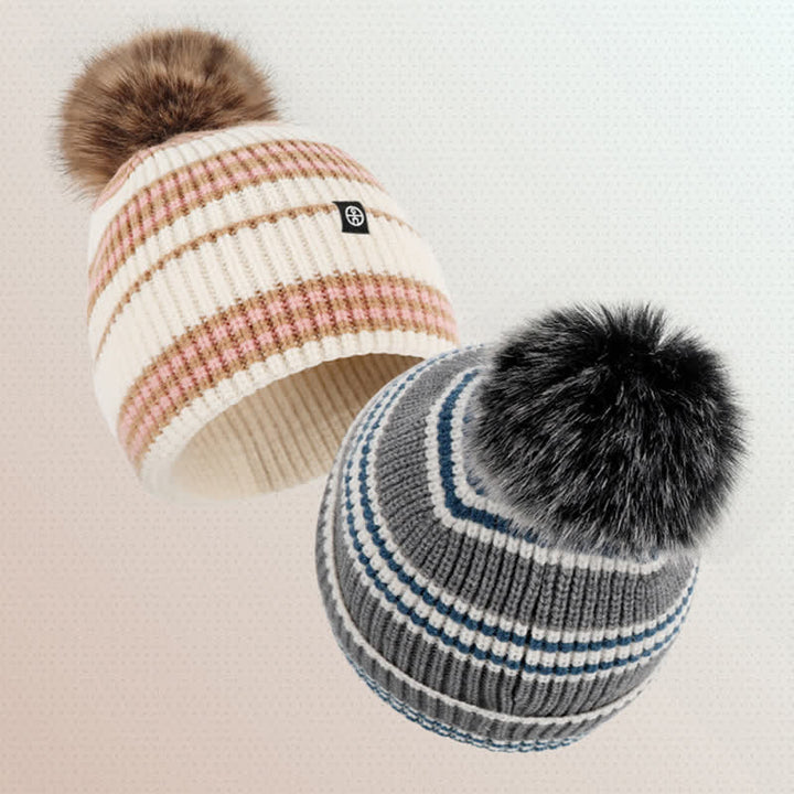 Ensemble de 3 pièces unisexe à rayures avec bonnet, écharpe et gants en fourrure tricotée