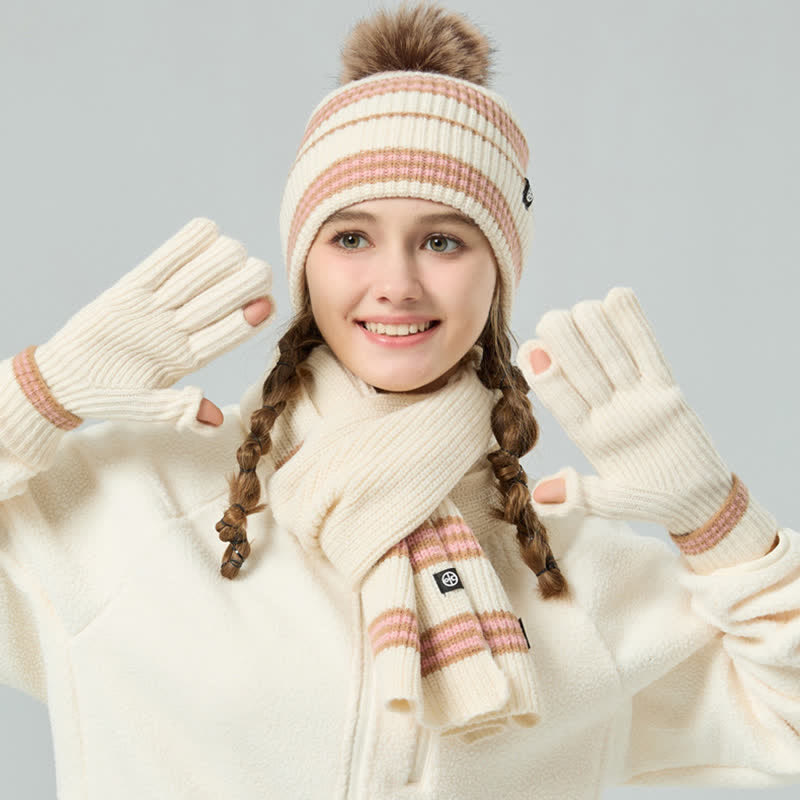 Ensemble de 3 pièces unisexe à rayures avec bonnet, écharpe et gants en fourrure tricotée