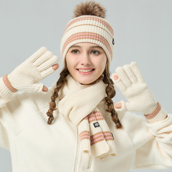 Ensemble de 3 pièces unisexe à rayures avec bonnet, écharpe et gants en fourrure tricotée