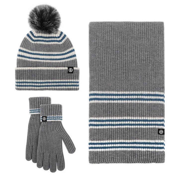 Ensemble de 3 pièces unisexe à rayures avec bonnet, écharpe et gants en fourrure tricotée