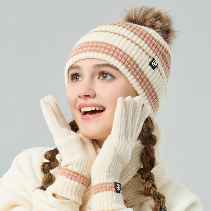 Ensemble de 3 pièces unisexe à rayures avec bonnet, écharpe et gants en fourrure tricotée