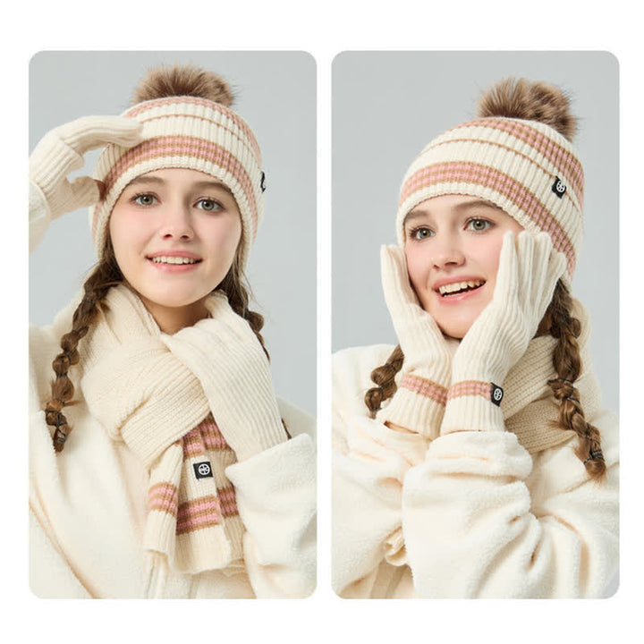 Ensemble de 3 pièces unisexe à rayures avec bonnet, écharpe et gants en fourrure tricotée