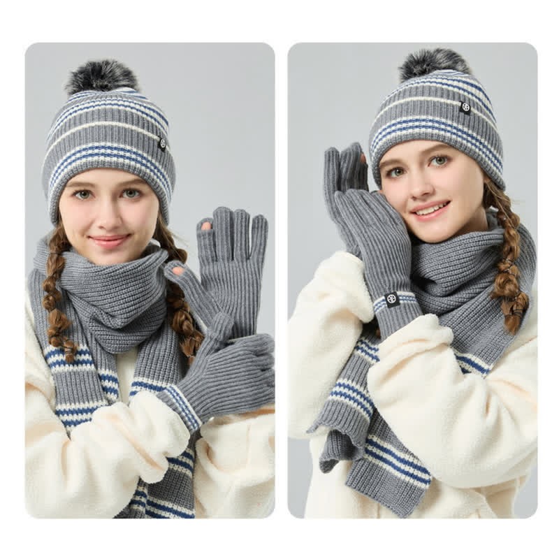 Ensemble de 3 pièces unisexe à rayures avec bonnet, écharpe et gants en fourrure tricotée