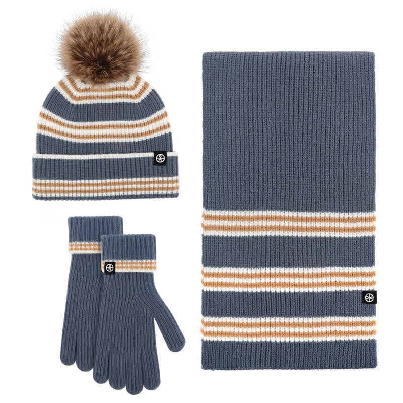 Ensemble de 3 pièces unisexe à rayures avec bonnet, écharpe et gants en fourrure tricotée