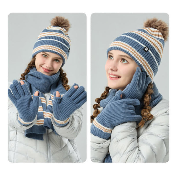 Ensemble de 3 pièces unisexe à rayures avec bonnet, écharpe et gants en fourrure tricotée