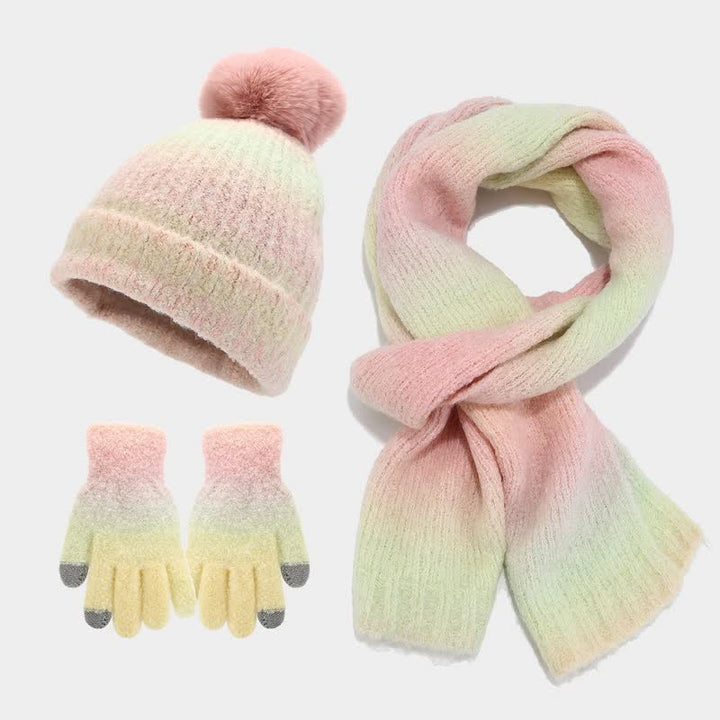 Lot de 3 bonnets, écharpes et gants tricotés en boule de fourrure colorée teintée unisexe