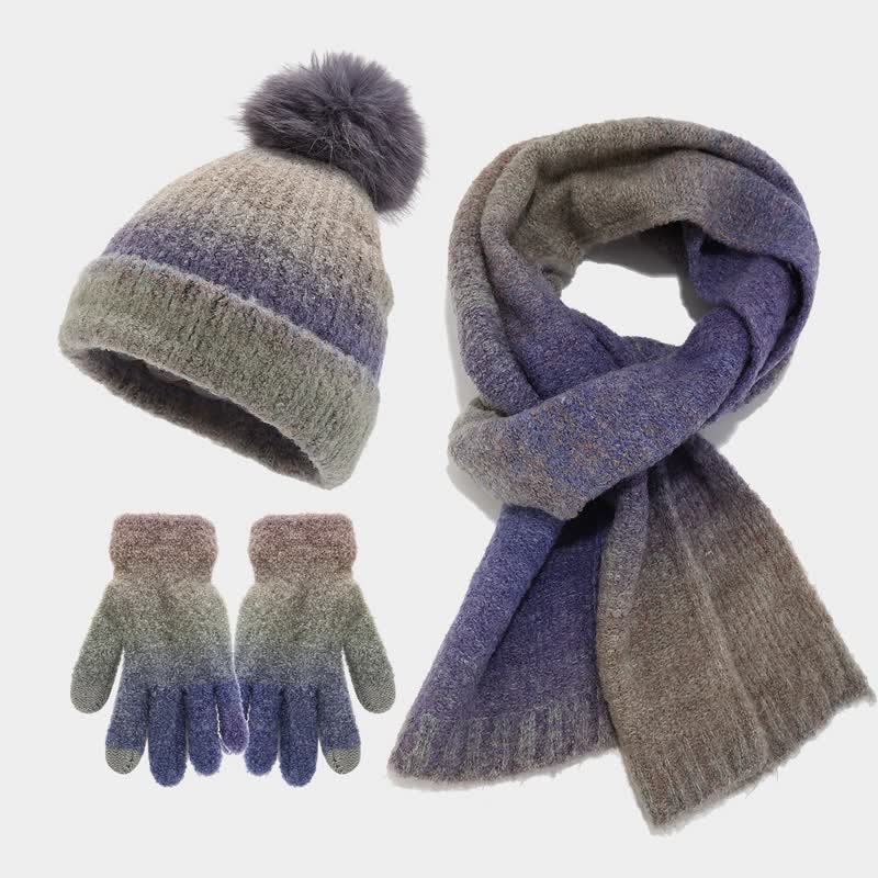 Lot de 3 bonnets, écharpes et gants tricotés en boule de fourrure colorée teintée unisexe