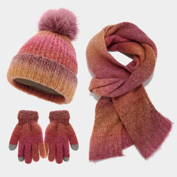 Lot de 3 bonnets, écharpes et gants tricotés en boule de fourrure colorée teintée unisexe