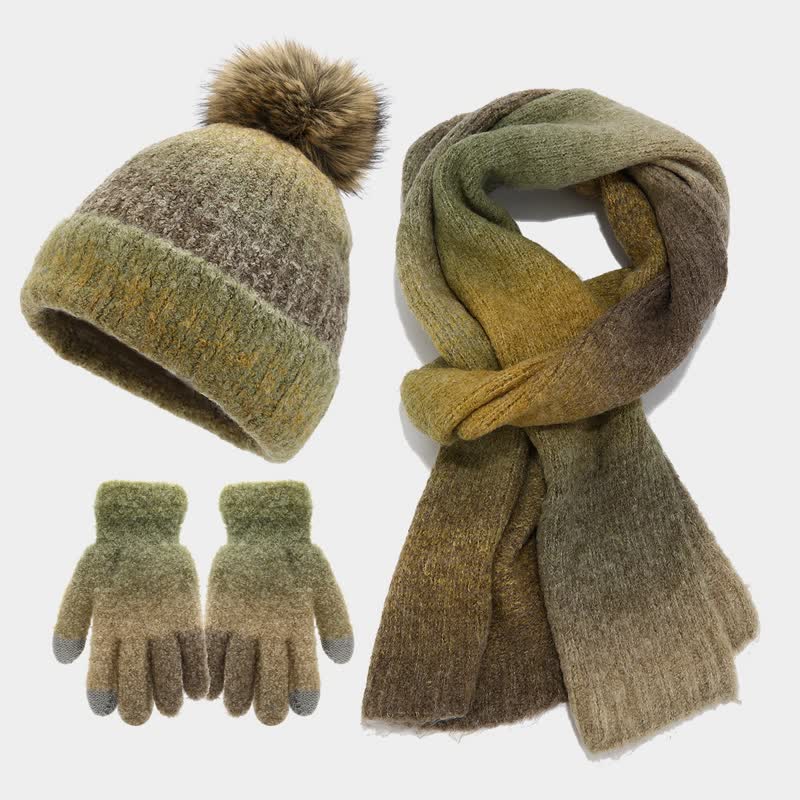 Lot de 3 bonnets, écharpes et gants tricotés en boule de fourrure colorée teintée unisexe