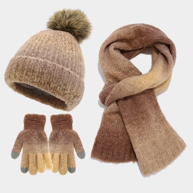Lot de 3 bonnets, écharpes et gants tricotés en boule de fourrure colorée teintée unisexe