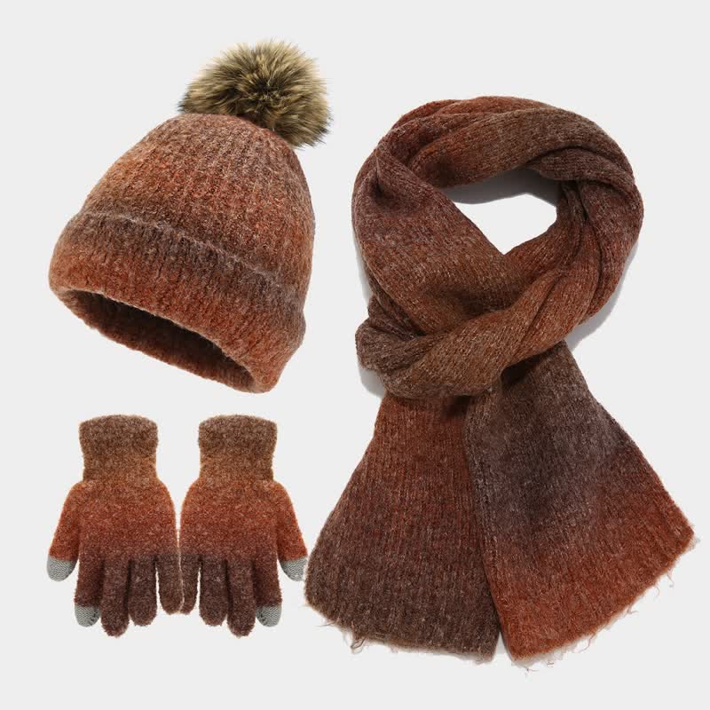 Lot de 3 bonnets, écharpes et gants tricotés en boule de fourrure colorée teintée unisexe