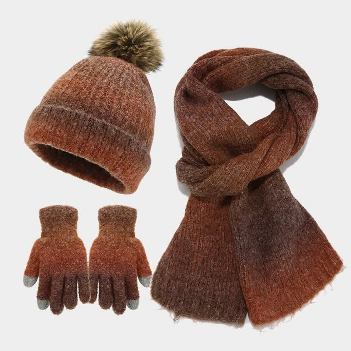 Lot de 3 bonnets, écharpes et gants tricotés en boule de fourrure colorée teintée unisexe