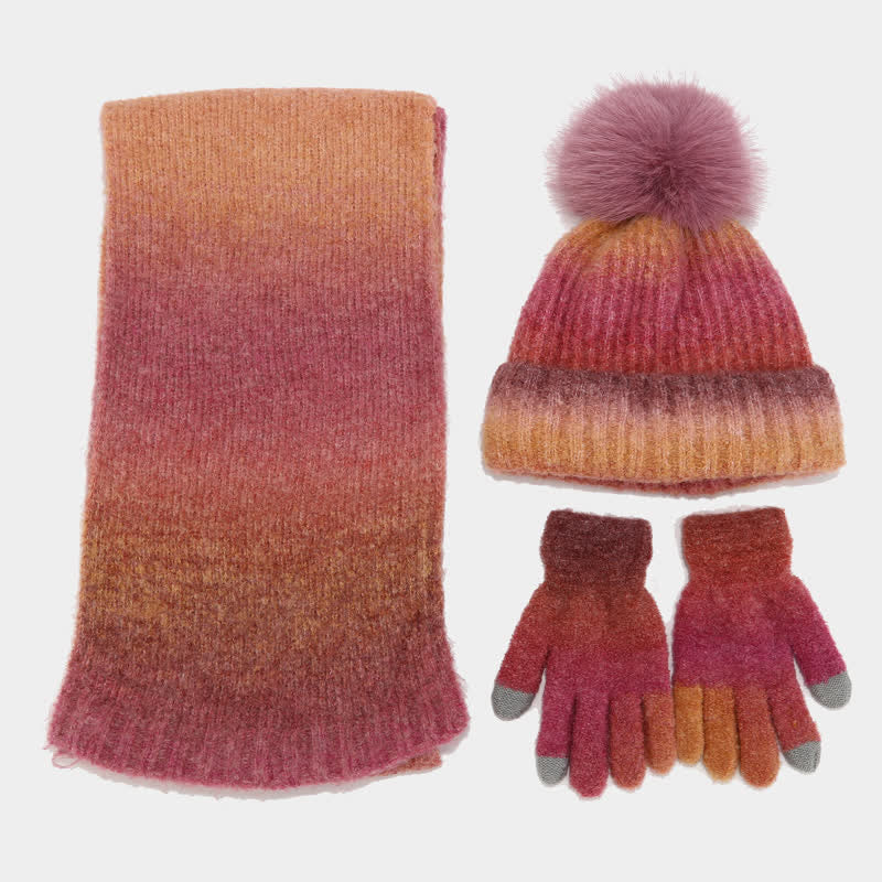 Lot de 3 bonnets, écharpes et gants tricotés en boule de fourrure colorée teintée unisexe