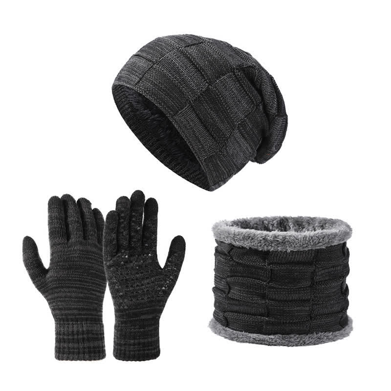 Ensemble de 3 gants unisexes en tricot bicolore avec bonnet et cache-cou