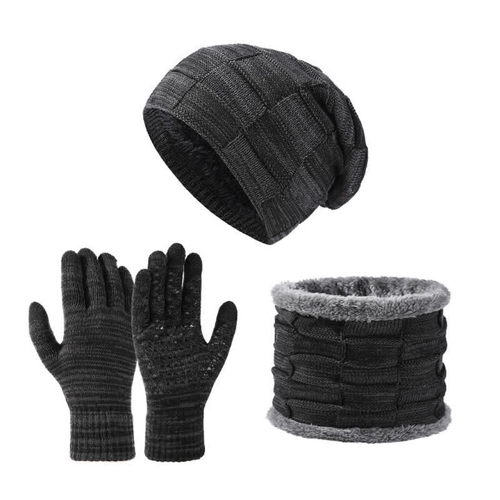 Ensemble de 3 gants unisexes en tricot bicolore avec bonnet et cache-cou