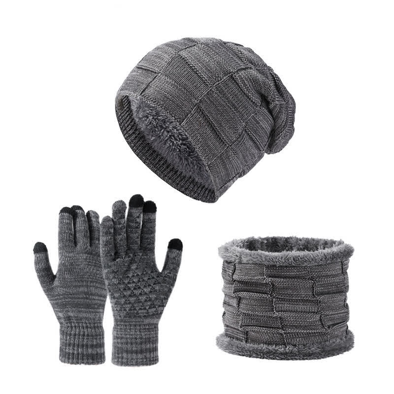 Ensemble de 3 gants unisexes en tricot bicolore avec bonnet et cache-cou