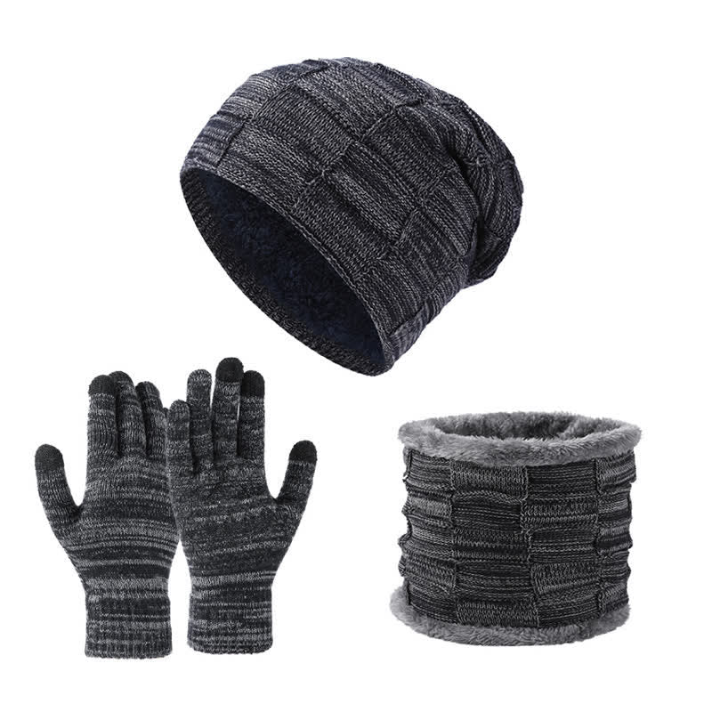 Ensemble de 3 gants unisexes en tricot bicolore avec bonnet et cache-cou