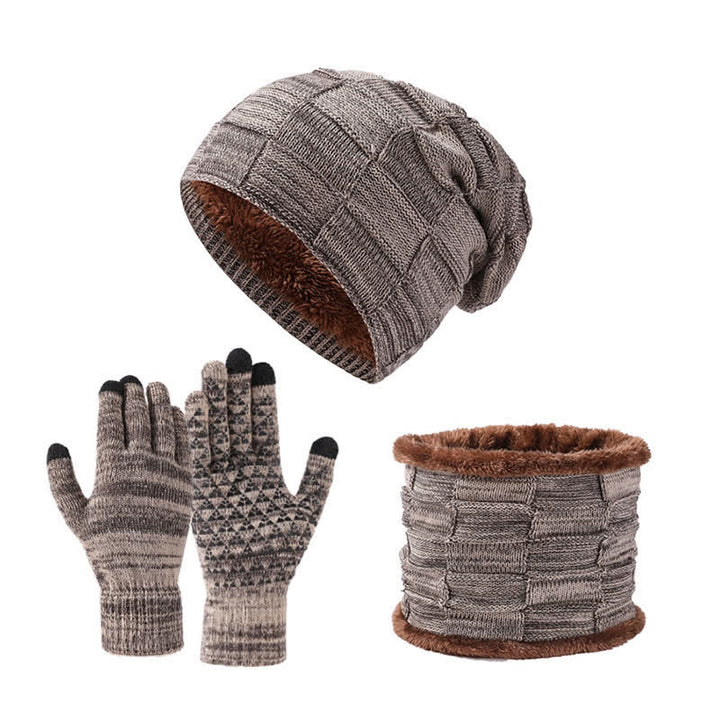 Ensemble de 3 gants unisexes en tricot bicolore avec bonnet et cache-cou