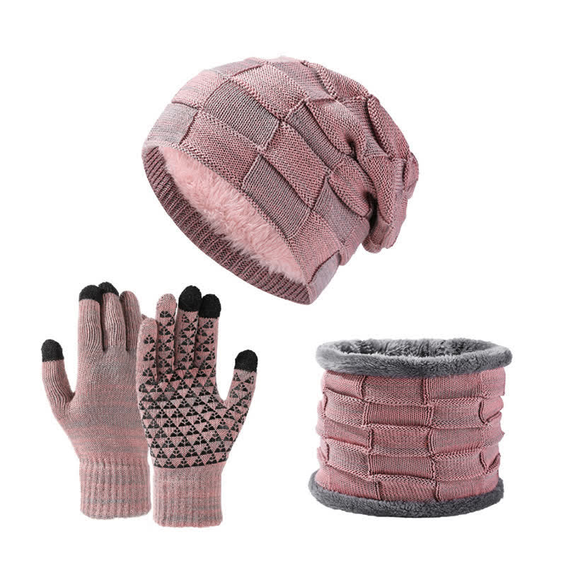 Ensemble de 3 gants unisexes en tricot bicolore avec bonnet et cache-cou