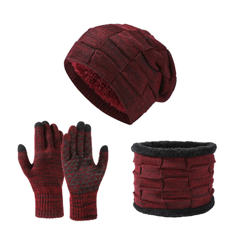 Ensemble de 3 gants unisexes en tricot bicolore avec bonnet et cache-cou