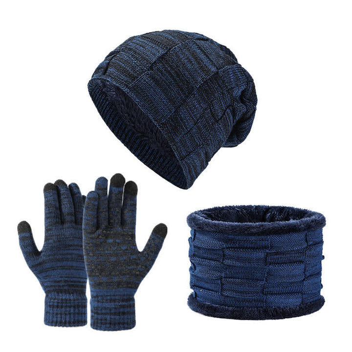 Ensemble de 3 gants unisexes en tricot bicolore avec bonnet et cache-cou