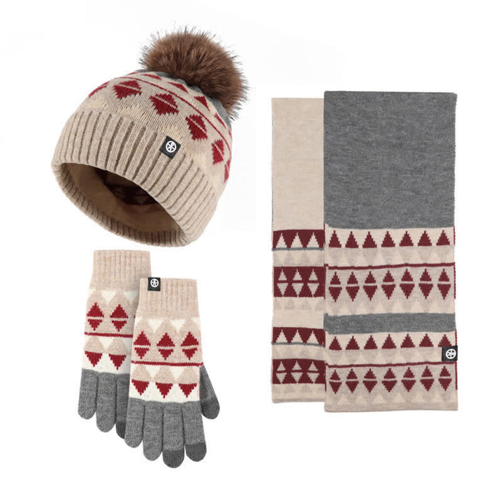 Ensemble de 3 pièces unisexes à motif triangulaire avec bonnet, écharpe et gants tricotés en fourrure