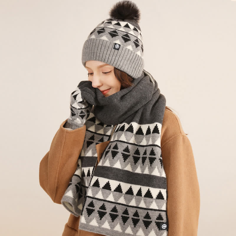 Ensemble de 3 pièces unisexes à motif triangulaire avec bonnet, écharpe et gants tricotés en fourrure
