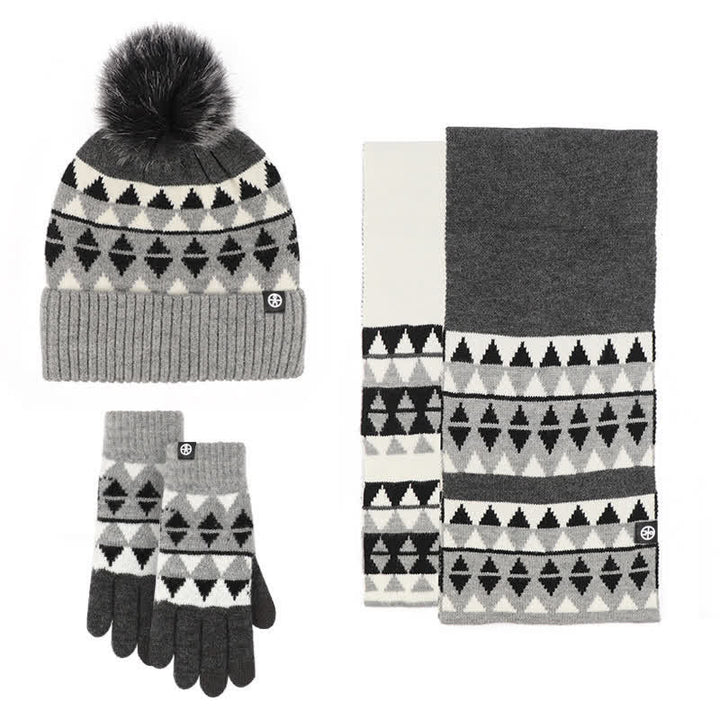 Ensemble de 3 pièces unisexes à motif triangulaire avec bonnet, écharpe et gants tricotés en fourrure