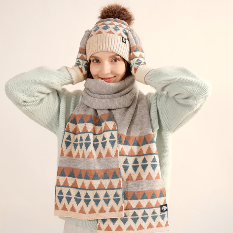 Ensemble de 3 pièces unisexes à motif triangulaire avec bonnet, écharpe et gants tricotés en fourrure