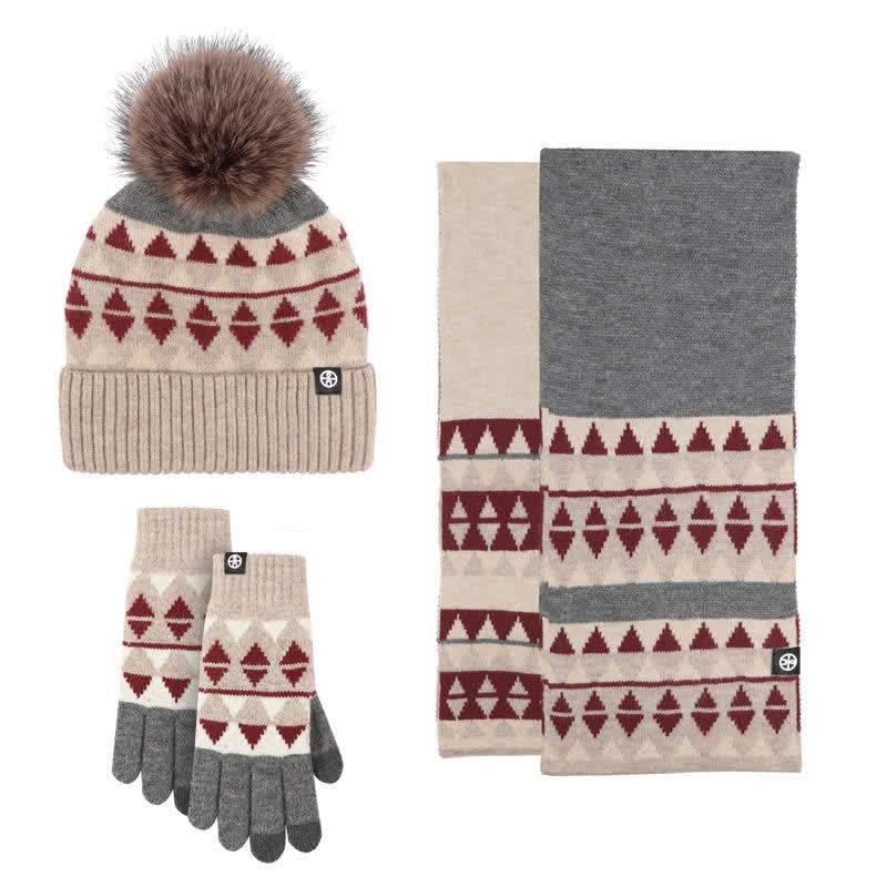 Ensemble de 3 pièces unisexes à motif triangulaire avec bonnet, écharpe et gants tricotés en fourrure